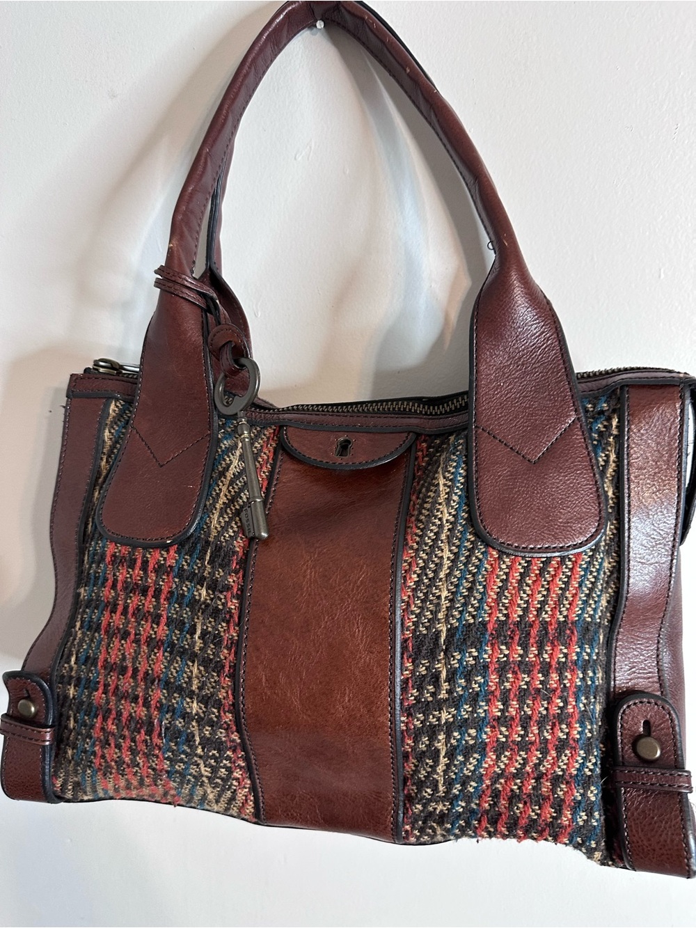 Fossil Brown Leather & Multicolor Tweed Shoulder Bag